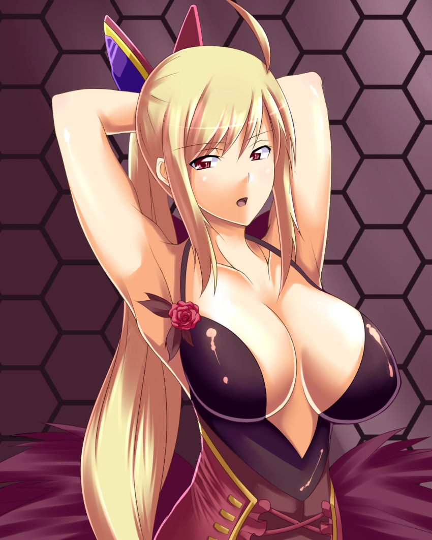 ahoge, armpits, arms_behind_head, arms_up, blonde_hair, breasts, cleavage, dodonpachi