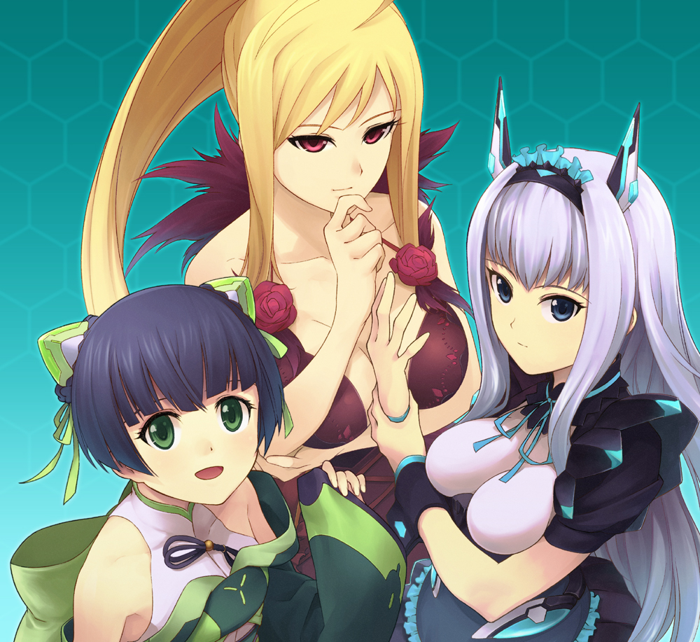 aqua_background, black_hair, blonde_hair, blue_eyes, dodonpachi, dodonpachi_saidaioujou, flower, green_eyes