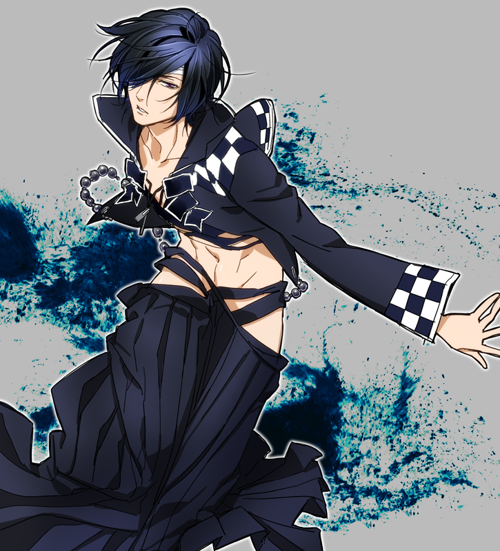 1boy, black_hair, brave_10, dog_tags, hair_over_one_eye, hakama, japanese_clothes, male_focus, midriff, mitsu_taro, short_hair, solo, unno_rokurou