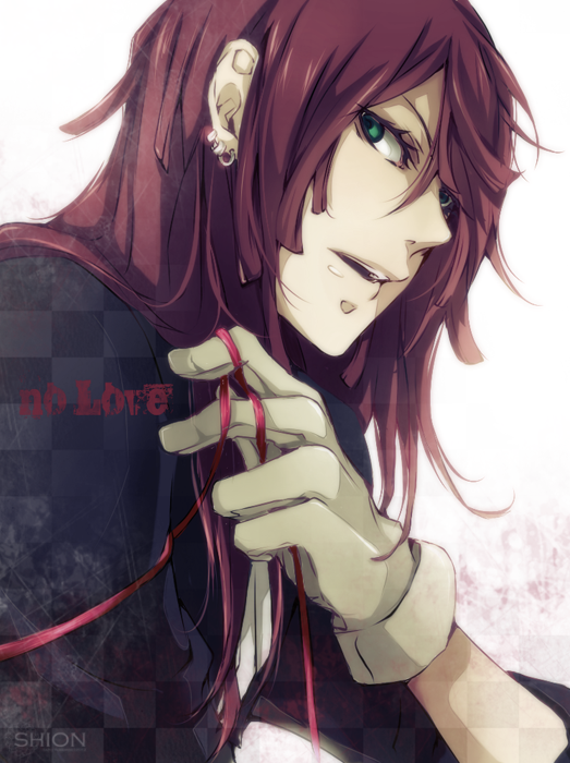 1boy, bad_id, bad_pixiv_id, brave_10, earrings, gloves, green_eyes, jewelry, kamanosuke_yuri, katagawa_mika, long_hair, male_focus, red_hair, redhead, solo