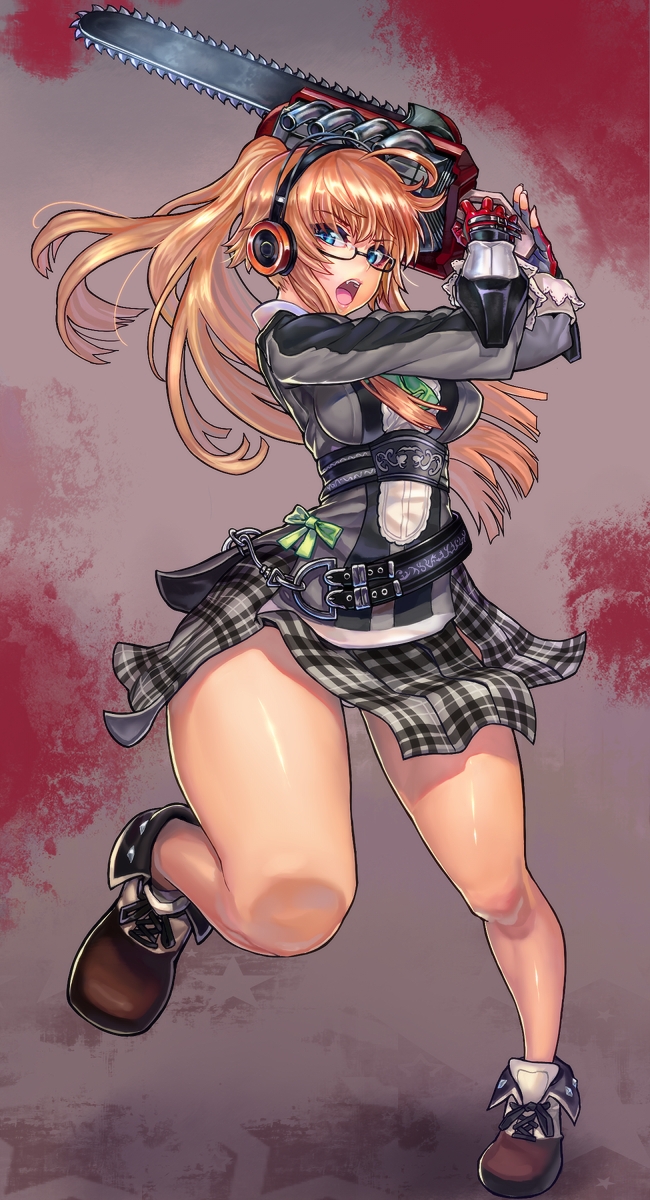 ahoge, belt, blonde_hair, blue_eyes, chainsaw, chikokuma, fang, fingerless_gloves, glasses, gloves, headphones, highres, long_hair, oneechanbara, open_mouth, plaid, plaid_skirt, saaya, shoes, skirt, solo, thick_thighs, thighs, twintails, wide_hips