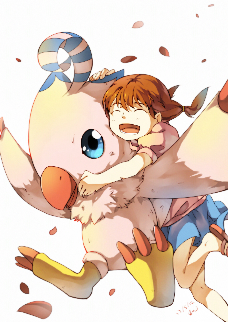 beak, bird, biyomon, blue_eyes, brown_hair, closed_eyes, daimon_chika, digimon