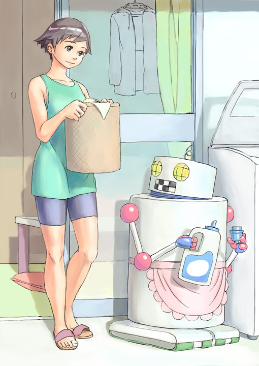 1girl, bike_shorts, brown_eyes, brown_hair, clothes_hanger, detergent, female, jacket, laundry, laundry_basket, original, pillow, robot, sandals, short_hair, shorts, taruya, washing_machine