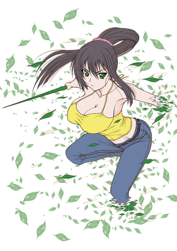 belt, black_hair, breasts, cleavage, erect_nipples, green_eyes, jeans, kore_wa_zombie_desu_ka?, large_breasts, leaf, long_hair, midriff, misnon_the_great, pants, ponytail, seraphim_(kore_wa_zombie_desu_ka?), suhara05, sword, very_long_hair, weapon