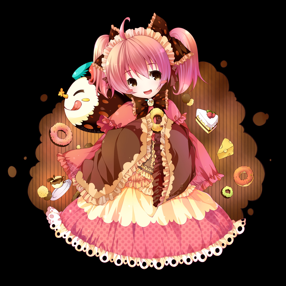 :d, ;q, blush_stickers, brown_eyes, charlotte_(madoka_magica), cup, doughnut, dress
