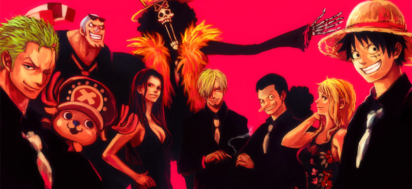 2girls, 6+boys, afro, black_dress, black_eyes, black_hair, blonde_hair, blue_hair, blue_nose, breasts, brook, brown_hair, cigarette, cleavage, cyborg, deer, dress, everyone, facial_hair, faux_traditional_media, feather_boa, floral_print, formal, franky, goatee, green_hair, grin, hair_over_one-eye, hair_over_one_eye, hand_in_hair, hand_on_hip, hat, height_difference, hips, hooves, large_breasts, long_hair, looking_at_viewer, looking_away, monkey_d_luffy, multiple_boys, multiple_girls, nami, necktie, nico_robin, one-eyed, one_piece, open_mouth, orange_hair, pink, pink_background, pirate, ponytail, profile, red, reindeer, roronoa_zoro, sanji, scar, short_hair, simple_background, skeleton, skull, smile, smoke, smoking, straight_hair, straw_hat, suit, sunglasses, tony_tony_chopper, tsuyomaru, usopp, wavy_hair