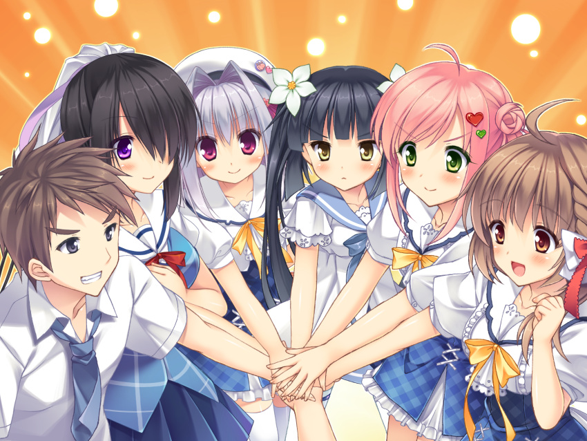 1boy, 5girls, :d, ahoge, asahina_mai, black_hair, brown_hair, flower