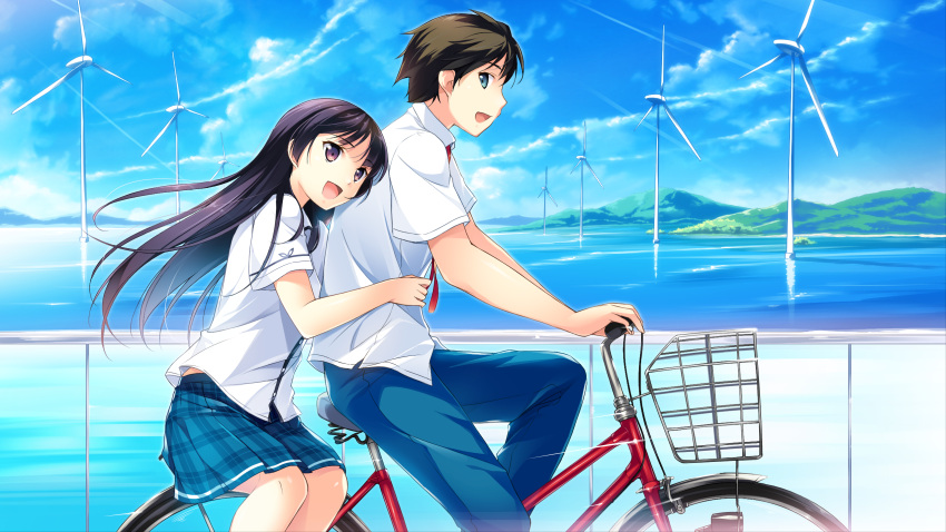 1boy, 1girl, :d, aqua_eyes, bicycle, bicycle_riding, brown_hair, character_request, game_cg, habane_kotori, highres, kono_oozora_ni_tsubasa_wo_hirogete, long_hair, minase_aoi_(konosora), necktie, ocean, open_mouth, plaid, plaid_skirt, purple_eyes, purple_hair, riding, school_uniform, shirt, skirt, smile, white_shirt, windmill, yashima_takahiro