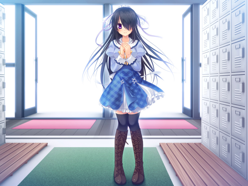 1girl, black_hair, boots, carpet, female, game_cg, hazuki_mikuri, indoors