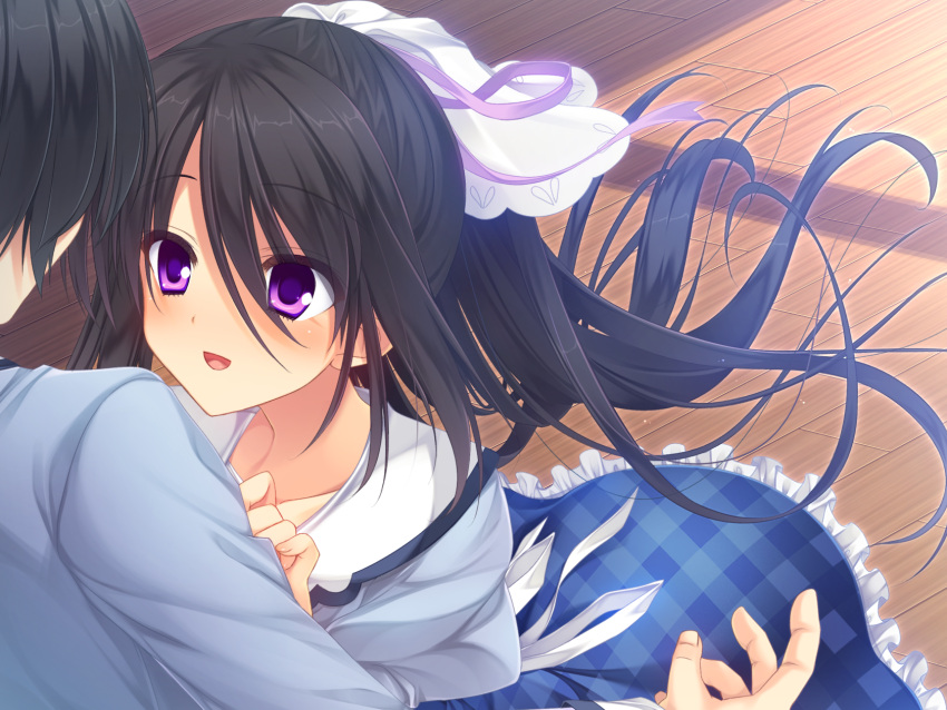 1boy, 1girl, :d, black_hair, blush, eyebrows_visible_through_hair, game_cg, hair_ornament