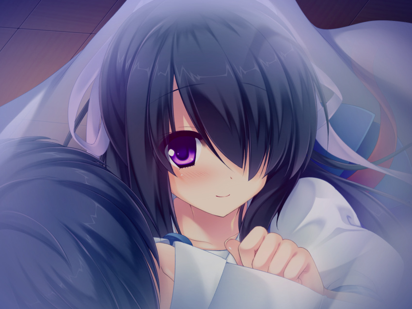 1girl, blush, eyebrows_visible_through_hair, game_cg, hand_on_another&amp;#039;s_back, hazuki_mikuri, one_eye_covered, purple_eyes