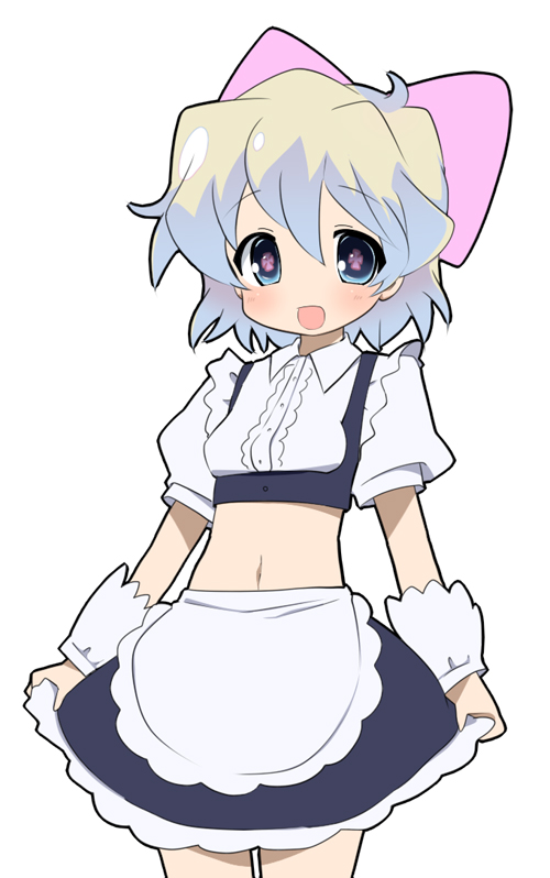 bad_id, bow, hair_bow, maid, midriff, multicolored_hair, navel, nia_teppelin