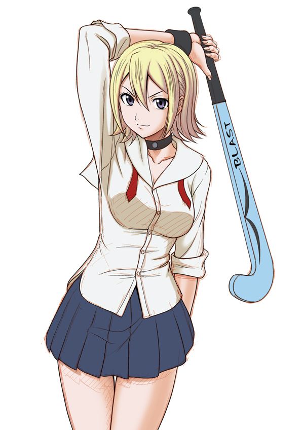 arm_behind_back, blonde_hair, choker, dress_shirt, hockey_stick, looking_at_viewer, misnon_the_great, onizuka_hime