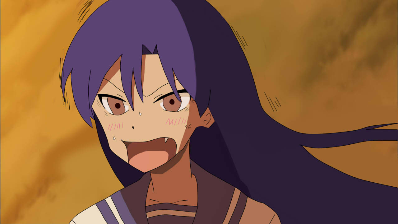 anger_vein, blue_hair, blush, bungaku_shoujo_(danshi_koukousei), danshi_koukousei_no_nichijou, fang, idolmaster, kisaragi_chihaya, long_hair, nisedaiti, open_mouth, parody, school_uniform, serafuku, solo, style_parody, sunset, sweat