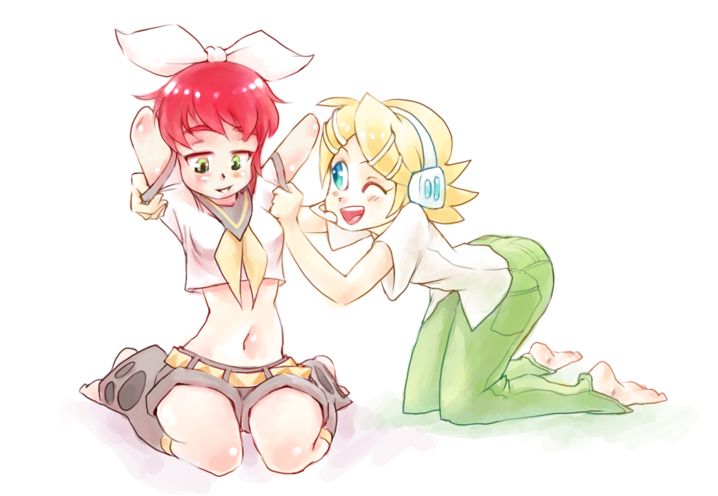 amputee, arms_up, barefoot, belt, blonde_hair, blue_eyes, blush, bow