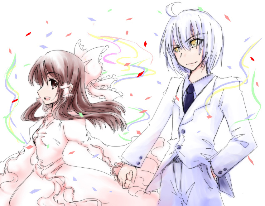1girl, ahoge, alternate_costume, bow, brown_eyes, brown_hair, confetti, dress