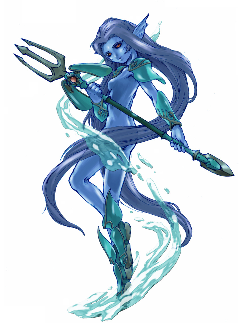 animal_ears, armor, artist_request, blue_hair, blue_skin, breasts, highres, holding