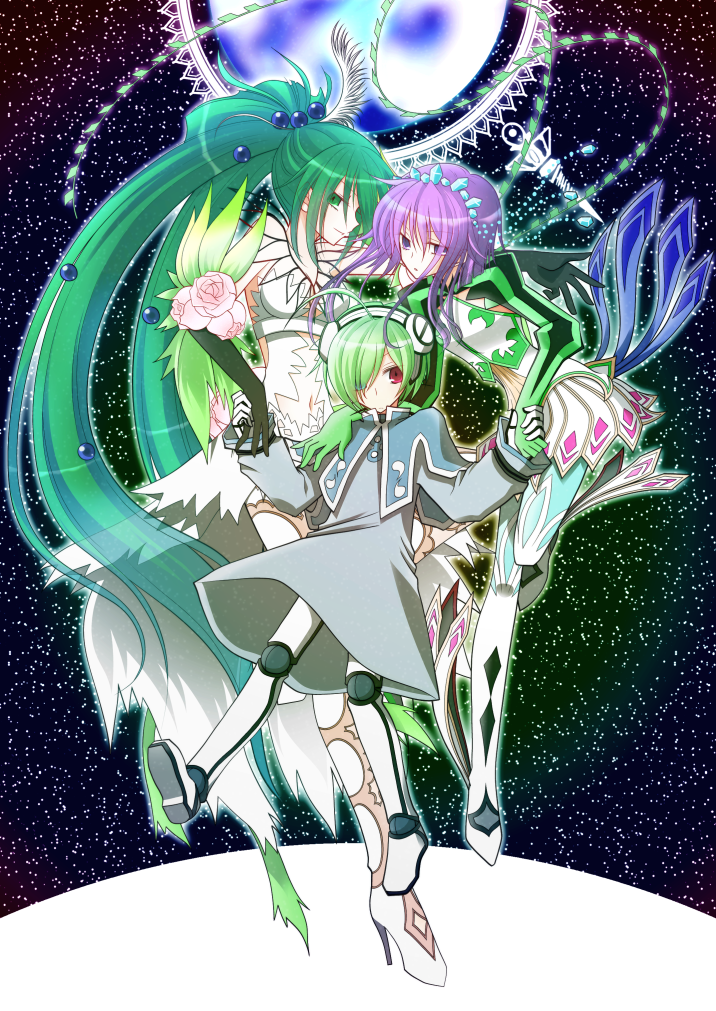 2girls, flower, fodra_queen, green_eyes, green_hair, hairband, lambda, little_queen