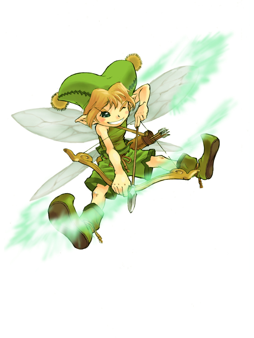 arrow, artist_request, blonde_hair, blush_stickers, boots, green_eyes, grin, hat