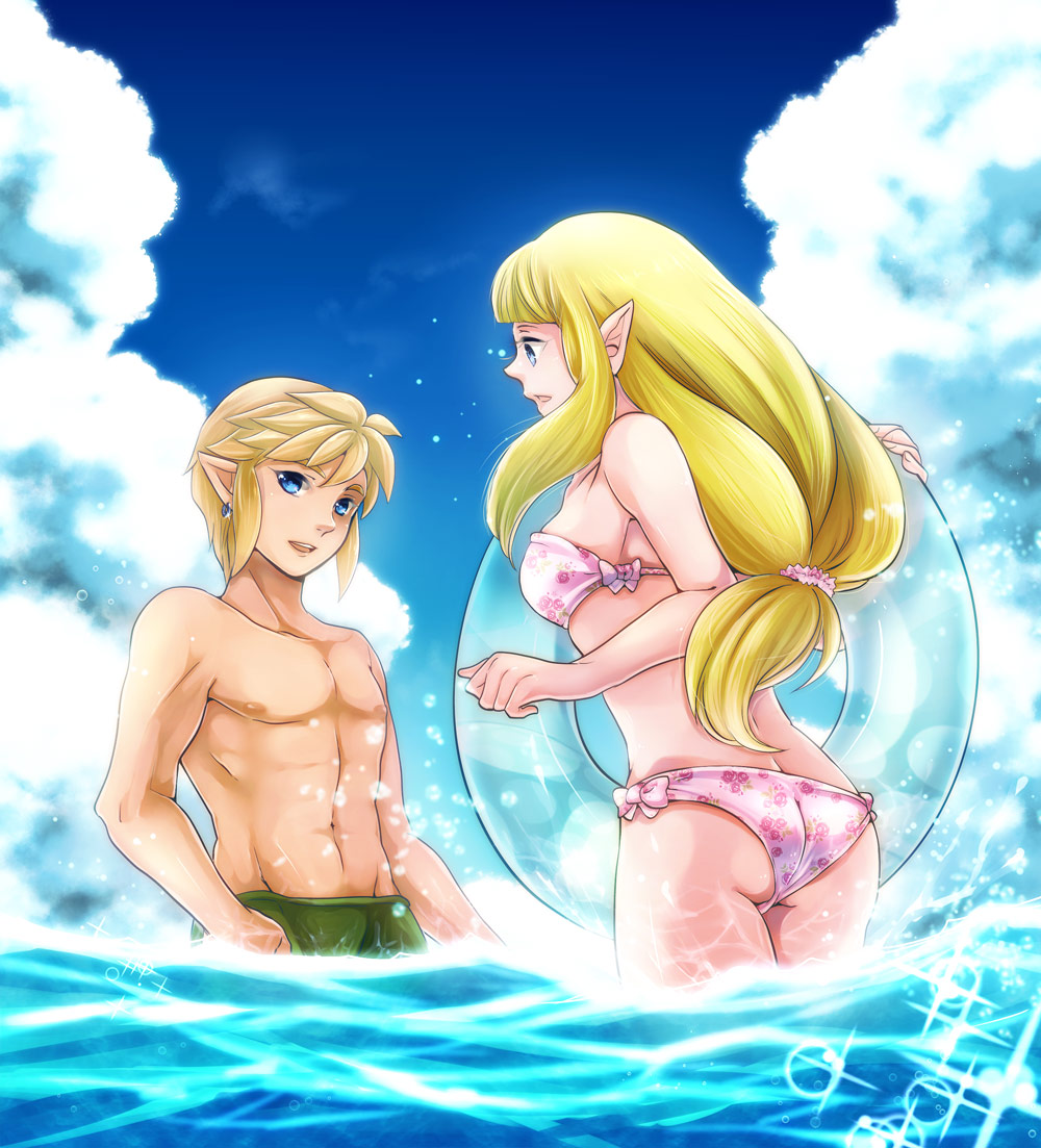 1girl, ass, bikini, blonde_hair, blue_eyes, earrings, female_swimwear, innertube, jewelry, link, long_hair, low-tied_long_hair, male_swimwear, nintendo, ocean, pointy_ears, princess_zelda, skyward_sword, smile, suzuno_(kazahanasu), swim_trunks, swimsuit, the_legend_of_zelda