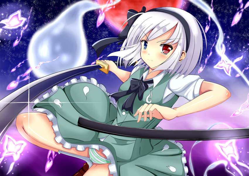 asakura-siki, blue_eyes, blush, hairband, heterochromia, highres, holding, katana