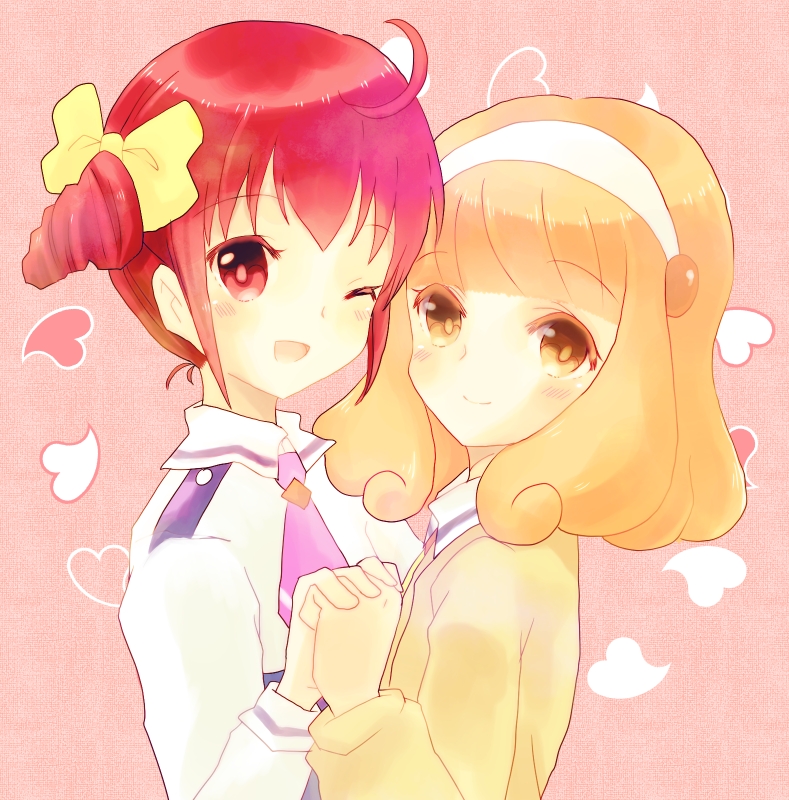 ;d, amarabi_(tobira), blonde_hair, cardigan, colored_eyelashes, doldol, hairband, hand_holding