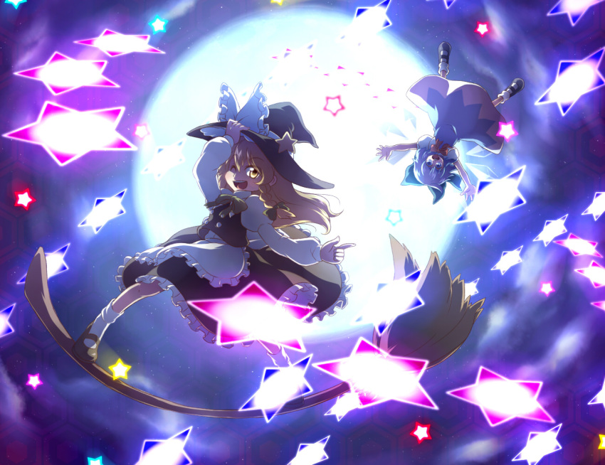 apron, battle, blonde_hair, blue_dress, blue_hair, bobby_socks, bow, braid