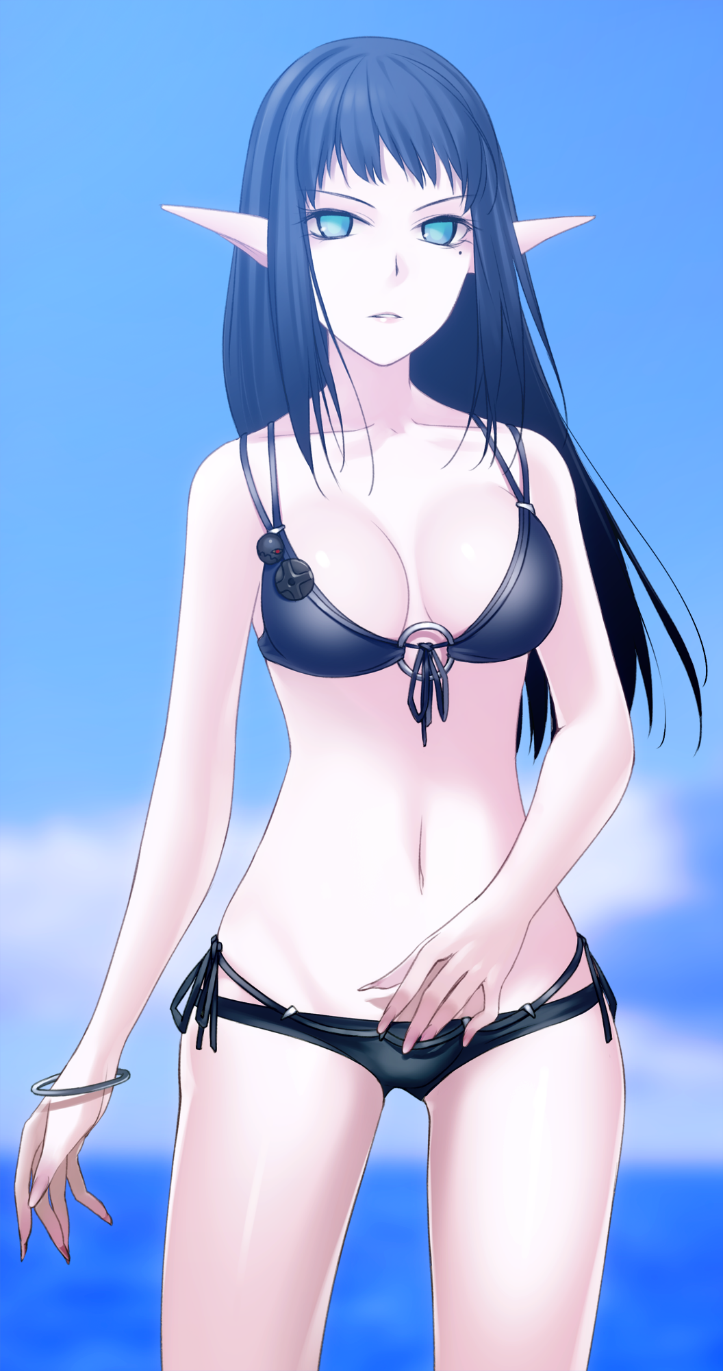 bare_shoulders, bikini, black_bikini, black_hair, blue_eyes, bracelet, breasts, cleavage