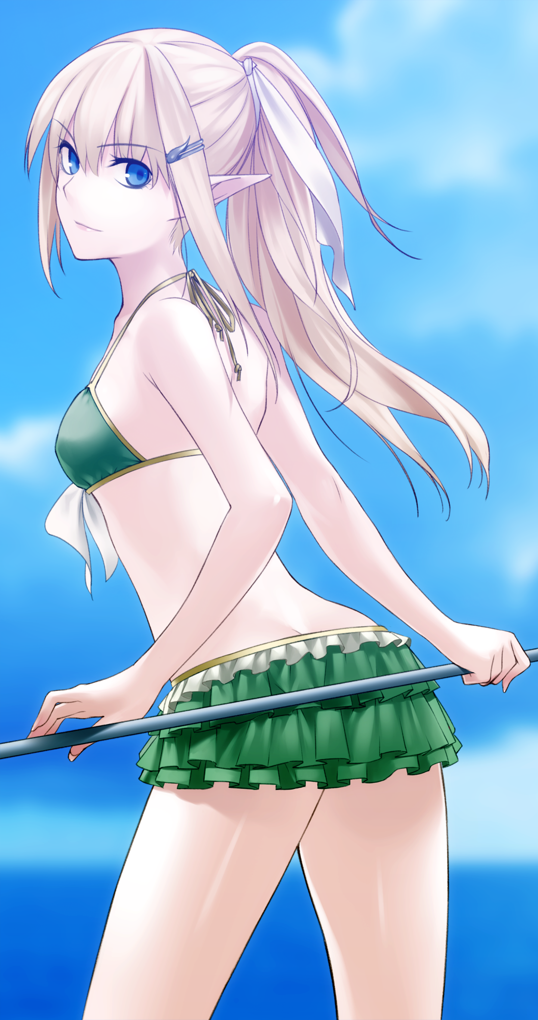 bare_shoulders, bikini, bikini_skirt, blonde_hair, blue_eyes, copyright_request, elf, frilled_bikini