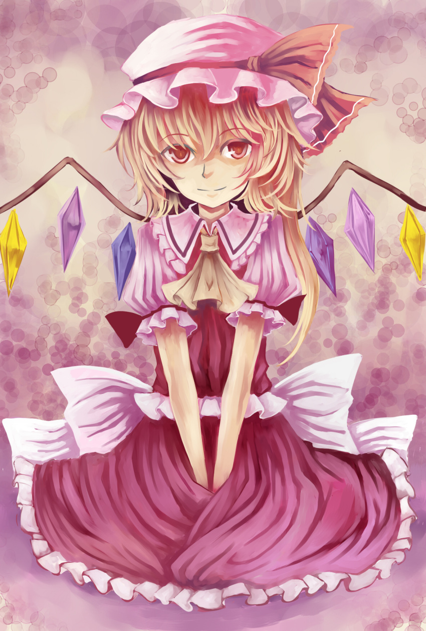 ascot, blonde_hair, flandre_scarlet, hat, hat_ribbon, highres, kiiro_usagi, purple_background