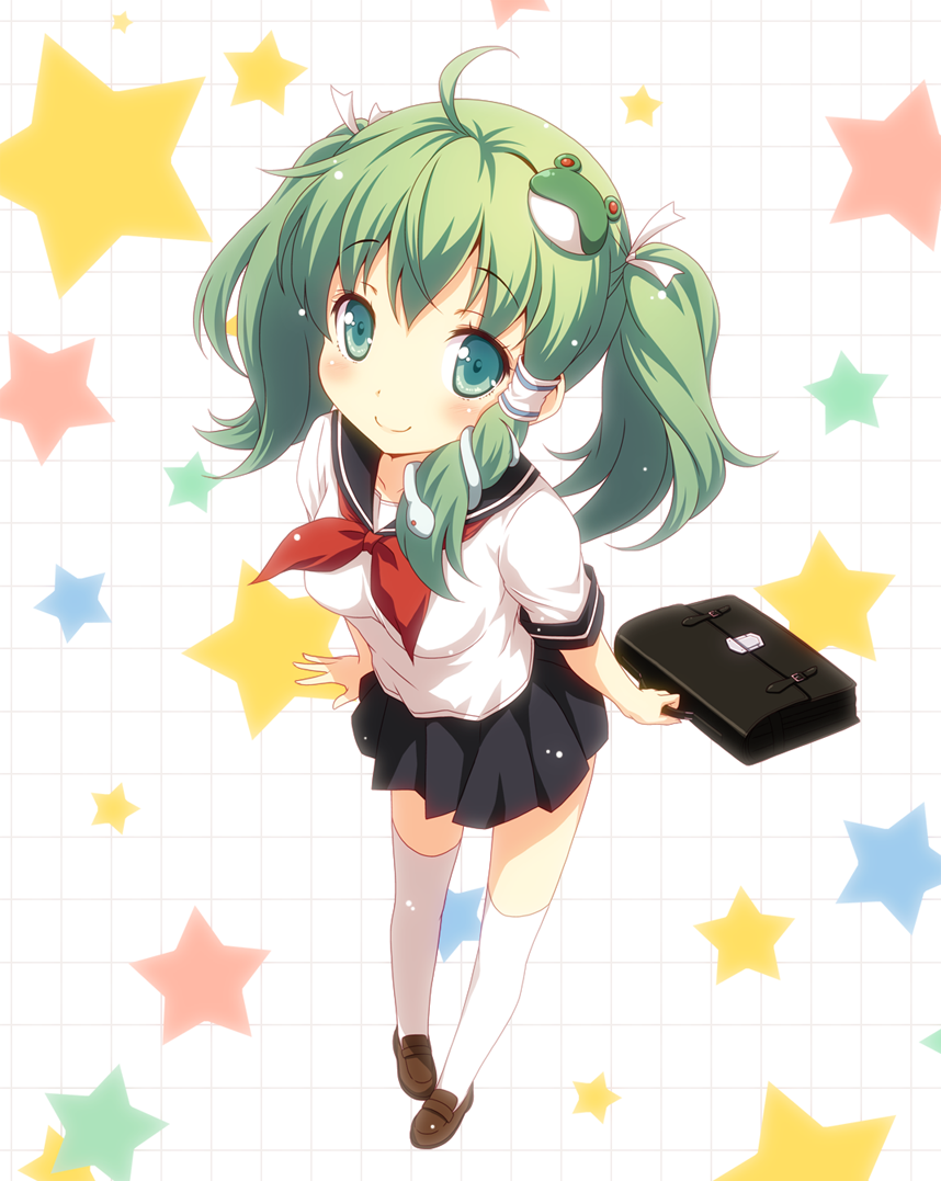 ahoge, alternate_hairstyle, frog, green_eyes, green_hair, kochiya_sanae, loafers, pleated_skirt, school_briefcase, school_uniform, serafuku, shoes, skirt, smile, snake, solo, star, thigh-highs, thighhighs, touhou, twintails, white_legwear, yamasan