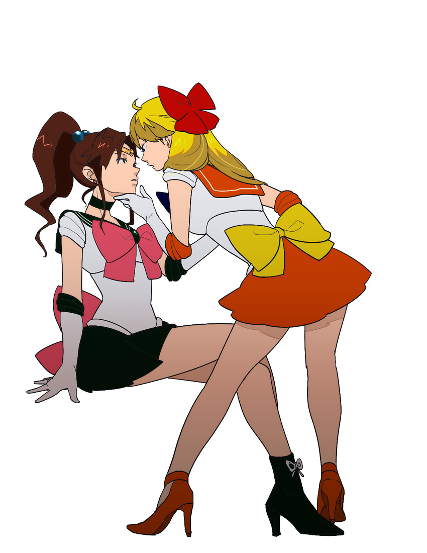 aino_minako, bishoujo_senshi_sailor_moon, blonde_hair, boots, bow, brown_hair, chin_grab, crossed_legs, earrings, elbow_gloves, eye_contact, gloves, hair_bobbles, hair_bow, hair_ornament, high_heels, kino_makoto, leaning_forward, legs_crossed, long_hair, looking_at_another, magical_girl, multiple_girls, pleated_skirt, ponytail, regain, sailor_collar, sailor_jupiter, sailor_venus, shoes, simple_background, sitting, skirt, tiara, white_background, yuri