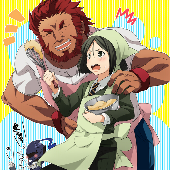 androgynous, apron, bandana, bandanna, beard, berserker_(fate/zero), black_eyes, black_hair