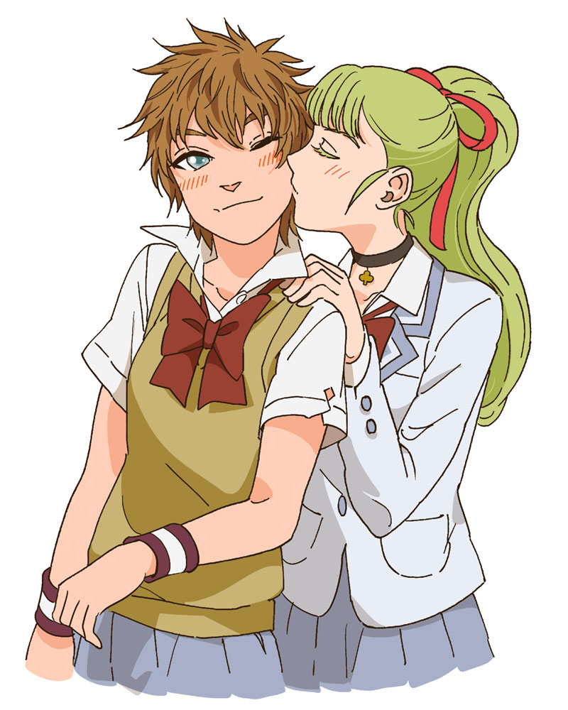 aqua_eyes, blazer, blonde_hair, blush, bow, bowtie, brown_hair, cheek_kiss