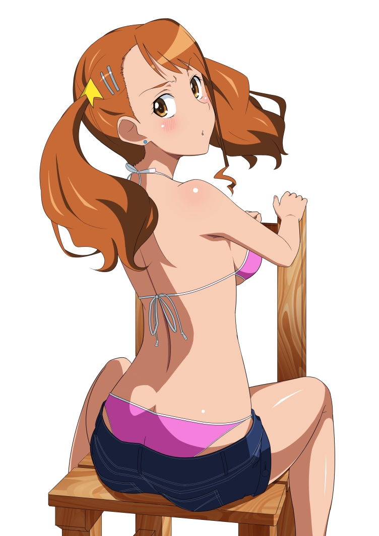 :o, anjou_naruko, ano_hi_mita_hana_no_namae_wo_bokutachi_wa_mada_shiranai, bare_back, bikini, blush, breasts, butt_crack, chair, denim, denim_shorts, earrings, from_behind, hair_ornament, hairclip, jewelry, kuri_youkan, looking_back, orange_hair, shiny, shiny_skin, short_shorts, shorts, shorts_pull, sideboob, sitting, sitting_backwards, solo, swimsuit, swimsuit_under_clothes, twintails
