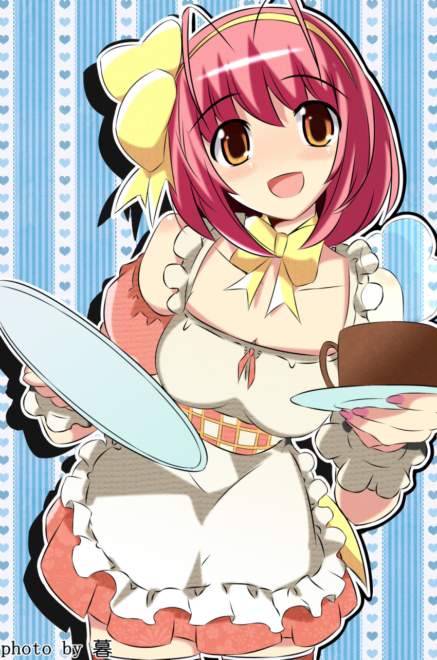 _mu, antenna_hair, apron, artist_name, bow, breasts, cup, frilled_apron