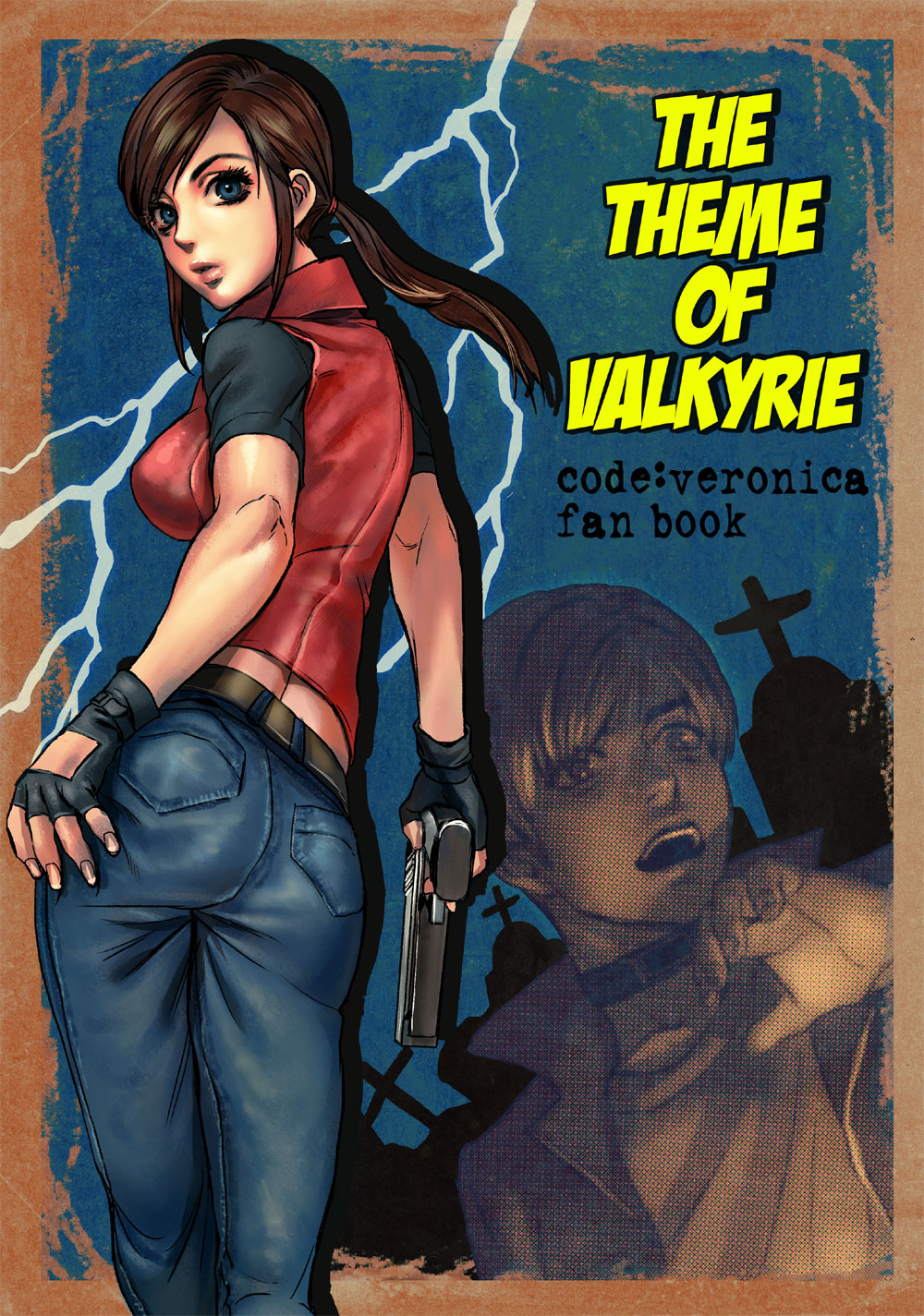1girl, ass, blue_eyes, breasts, brown_hair, capcom, claire_redfield, fingerless_gloves