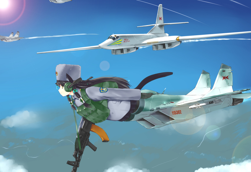 airplane, amd-65, animal_ears, black_legwear, cat_ears, cat_tail, flying, gloves