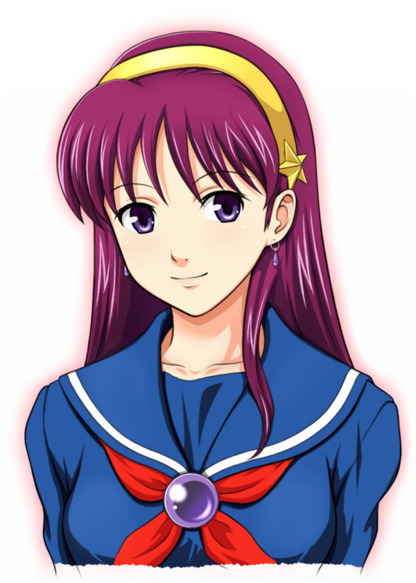 1girl, asamiya_athena, bangs, blue_sailor_collar, bust, closed_mouth, earrings, female, fukuro_ooji, hairband, jewelry, king_of_fighters, long_hair, neckerchief, purple_eyes, purple_hair, red_neckerchief, sailor_collar, sailor_shirt, school_uniform, serafuku, smile, snk, solo, violet_eyes, yellow_hairband