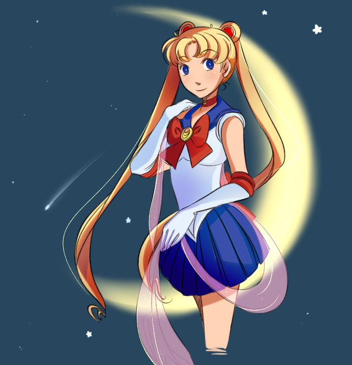 1girl, bishoujo_senshi_sailor_moon, blonde_hair, blue_eyes, charmwitch, choker, crescent_moon, double_bun, elbow_gloves, gloves, hair_ornament, moon, no_legs, sailor_collar, sailor_moon, solo, tsukino_usagi, white_gloves