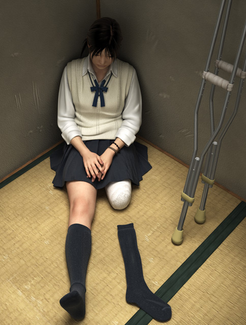 amputee, asian, bracelet, crutches, realistic, school_uniform, schoolgirl, sitting
