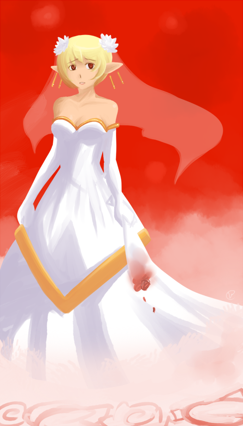 1girl, blonde_hair, bob_cut, bouquet, breasts, bridal_veil, charmwitch, cleavage