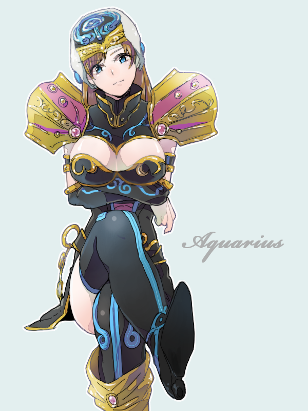 aquarius_zodiarts, blue_eyes, breast_hold, breasts, brown_hair, cleavage, crossed_arms, crossed_legs, kamen_rider, kamen_rider_fourze_(series), kinoshita_kirin, kiringo, large_breasts, legs_crossed, simple_background, sitting, solo, suda_erin, thighhighs