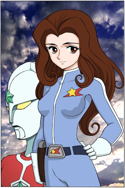 1girl, belt, bodysuit, brown_eyes, brown_hair, gloves, hand_on_hip, hips