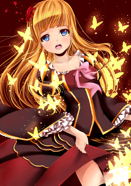 beatrice, blonde_hair, blue_eyes, breasts, butterfly, cleavage, flower, frills