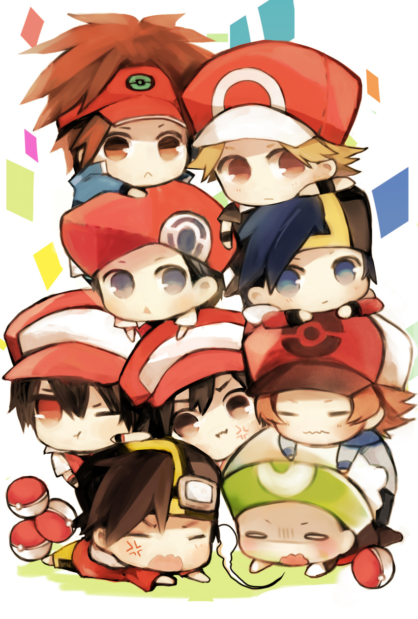 alternate_costume, angry, baseball_cap, black_hair, brown_hair, chibi, dual_persona, gold_(pokemon)