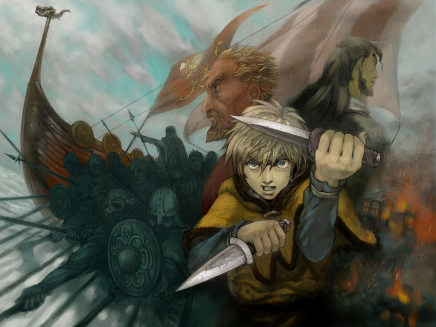 askeladd, blonde_hair, boat, canute, dagger, highres, multiple_boys, reverse_grip