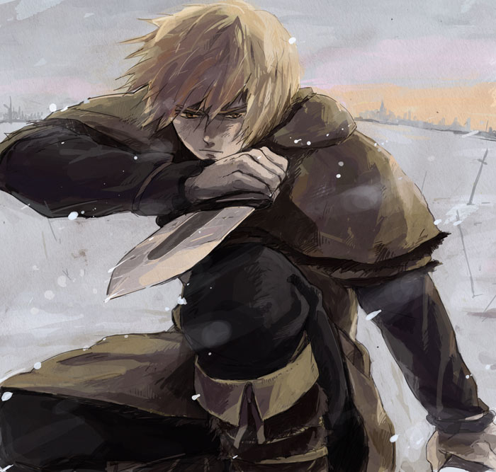blonde_hair, dagger, kogashi_negi, male, reverse_grip, snow, solo, thorfinn