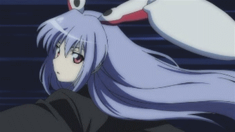 1girl, animated, animated_gif, bunny_ears, glowing_eyes, james_bond, lavender_hair, long_hair, lowres, lunamoon, parody, purple_hair, rabbit_ears, red_eyes, reisen_udongein_inaba, skirt, solo, the_memories_of_phantasm, touhou, very_long_hair