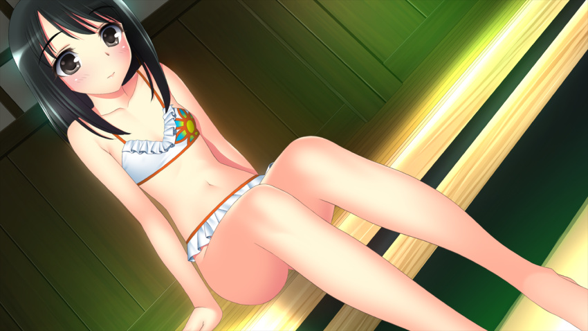 aina, barefoot, bikini, black_hair, blush, game_cg, swimsuit
